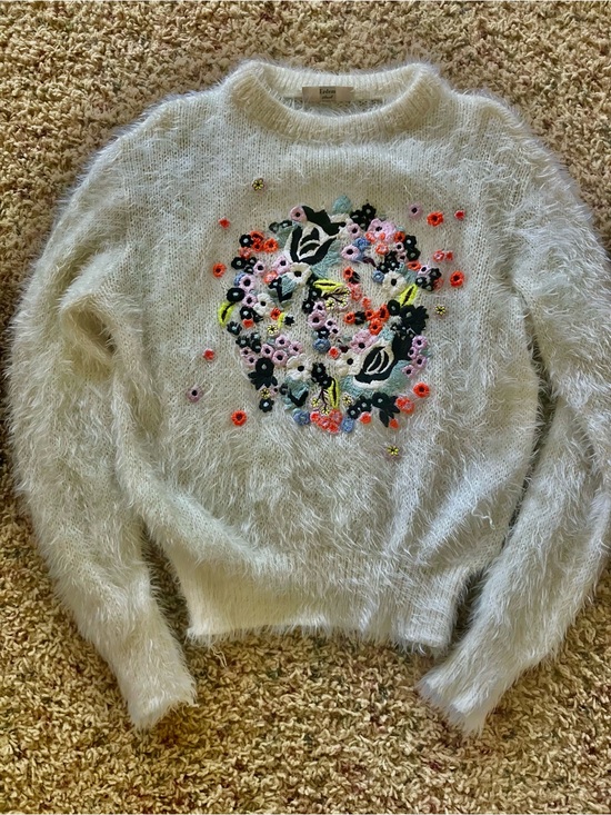 ERDEM Sweaters - ERDEM white Fuzzy Crewneck Sweater with Floral Embroidery